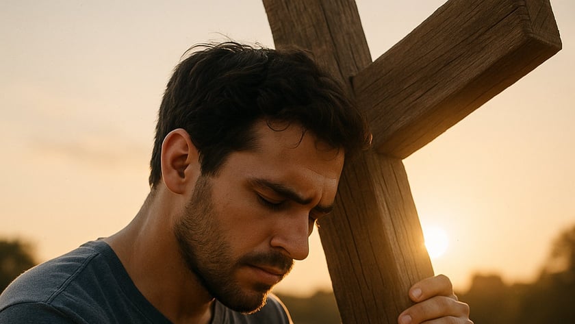 Homem de barba e camiseta cinza encosta a testa numa grande cruz de madeira ao entardecer.
