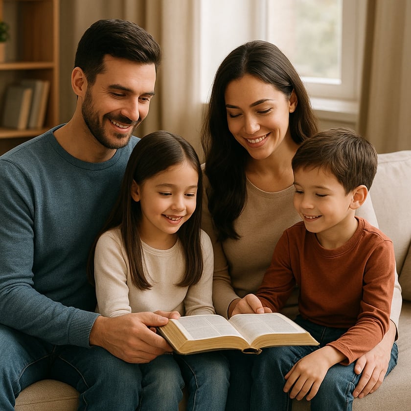 Pai, mãe, menina e menino sentados no sofá da sala, lendo juntos um livro aberto.
