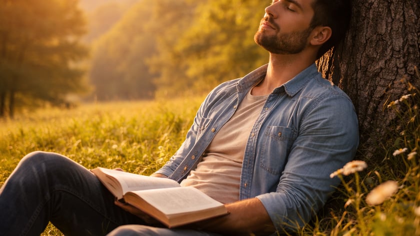 Homem de barba, com um livro aberto no colo, descansa encostado numa árvore no campo.