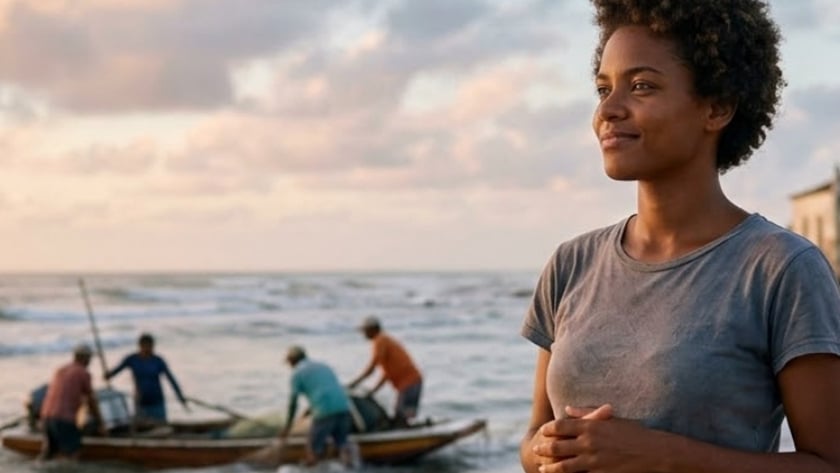 Mulher de cabelo curto em pé na praia, com pescadores em um barco ao fundo.