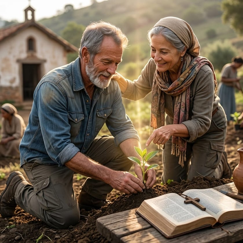 Casal de idosos planta uma muda na terra, ao lado de uma Bíblia aberta com crucifixo.