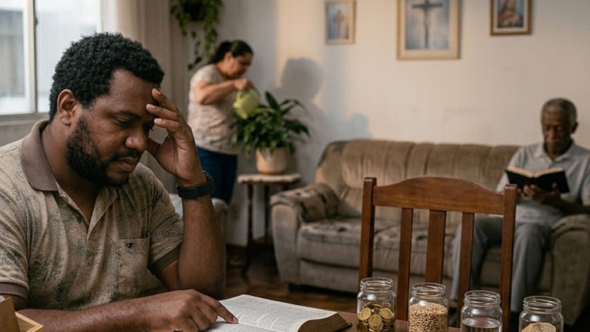 Homem sentado à mesa lê a Bíblia, com moedas e potes, enquanto mulher rega plantas.
