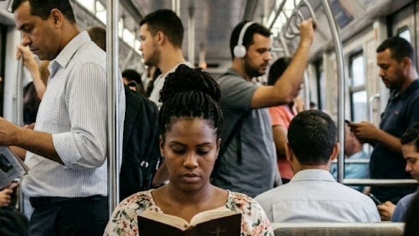 Mulher sentada em vagão de metrô lotado lê uma Bíblia, com mochila no colo.