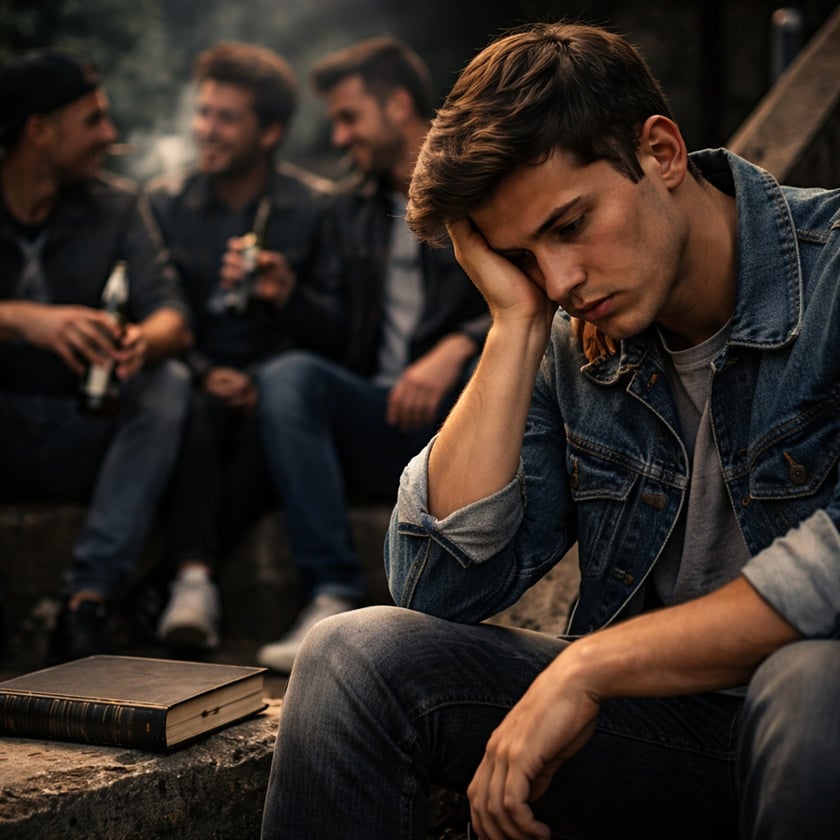 Jovem de jaqueta jeans sentado de cabeça baixa, com três homens bebendo ao fundo.