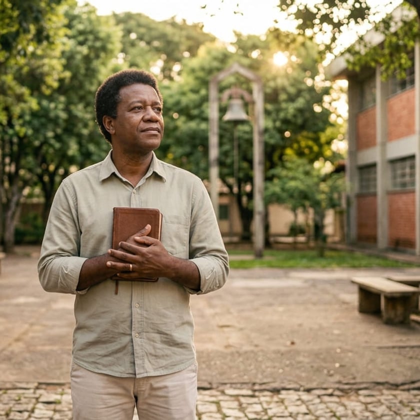 Homem de camisa clara segura um livro marrom em um pátio com árvores e prédio de tijolos.
