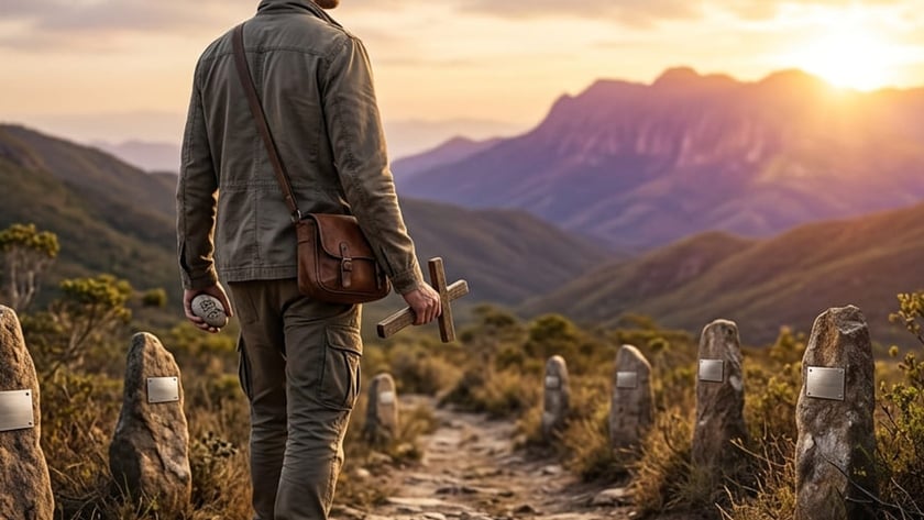 Homem de costas segura uma cruz de madeira e uma pedra numa trilha de montanha.