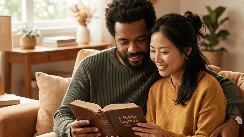 Casal no sofá lendo juntos um livro: "A Bíblia Sagrada".