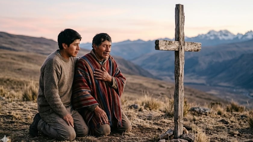 Dois homens ajoelhados diante de uma cruz de madeira em uma montanha, um com a mão no peito.