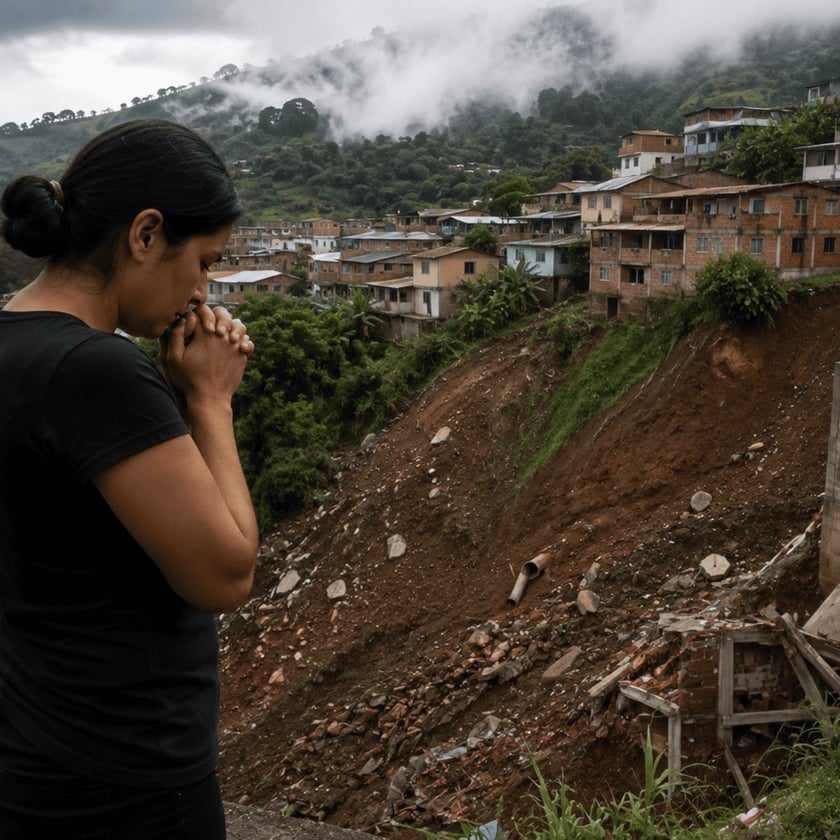 Mulher de preto, com as mãos junto ao rosto, olha um deslizamento de terra perto de casas.