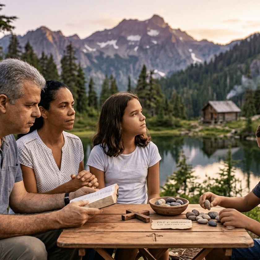 Família ao redor de mesa de madeira, com Bíblia, cruz e pedras, diante de lago e montanhas.