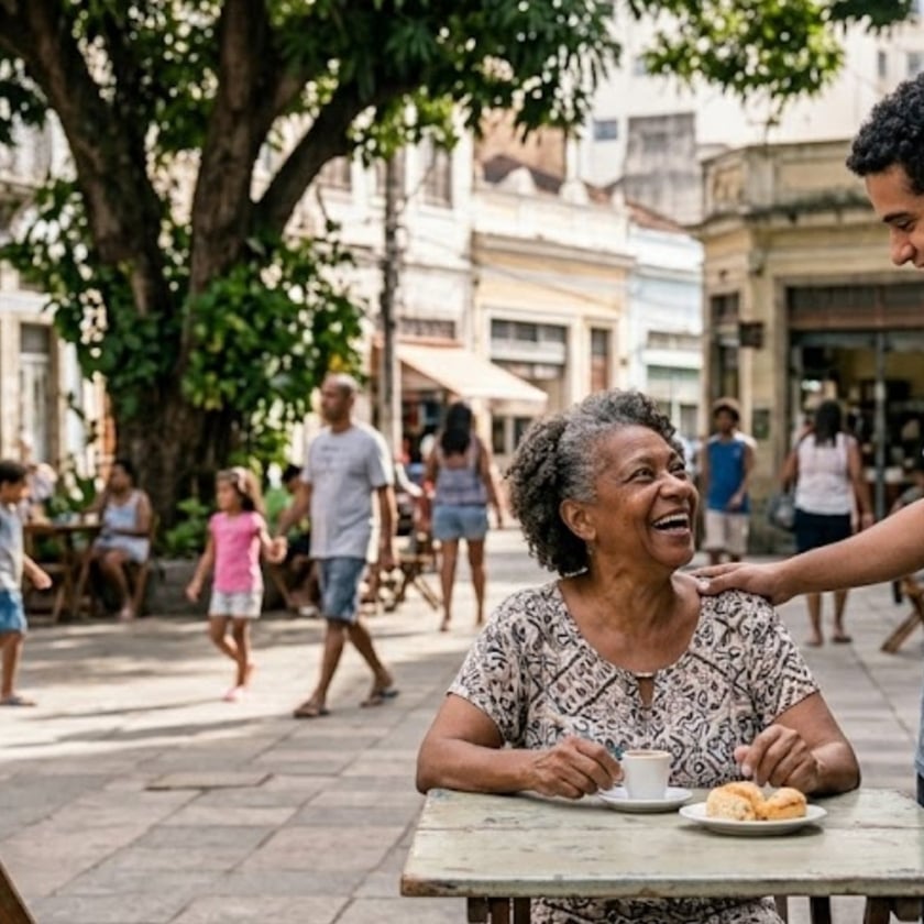 Idosa sorri à mesa de café numa praça enquanto jovem toca seu ombro.