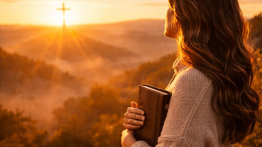 Mulher de cabelos longos segura uma Bíblia diante de uma cruz no horizonte, ao nascer do sol.