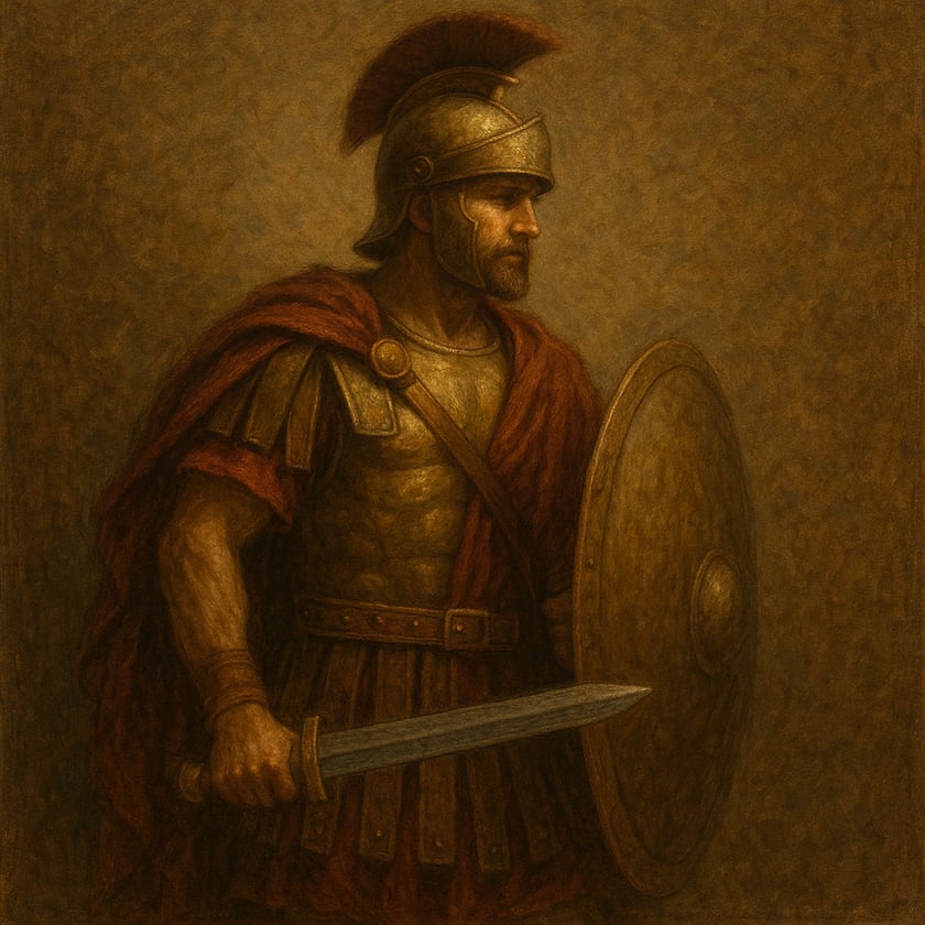 Soldado romano de capacete com crista, capa vermelha, espada e escudo redondo.