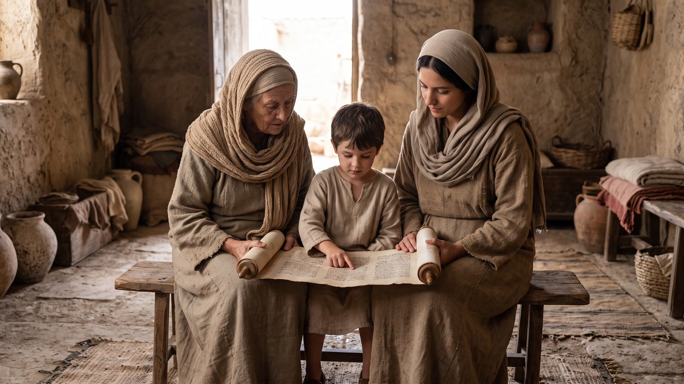 Idosa, mulher e menino sentados num banco leem juntos um pergaminho, em uma casa simples.