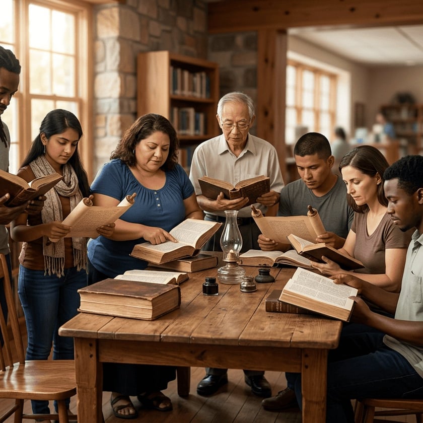 Grupo diverso de pessoas lê livros antigos e pergaminhos ao redor de uma mesa de madeira.