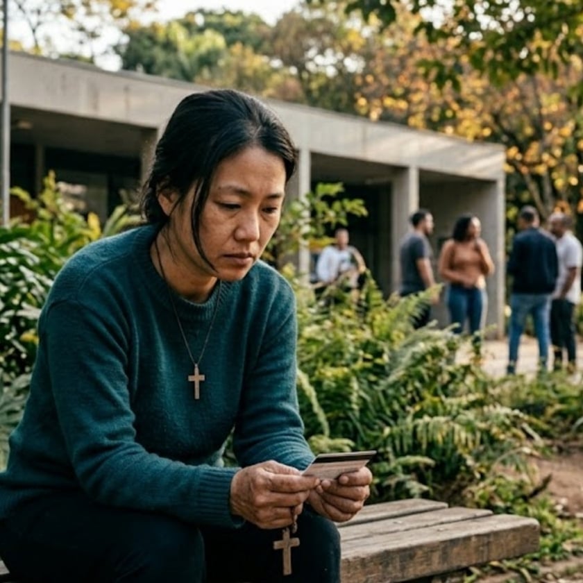 Pessoa sentada num banco segura um cartão enquanto grupos conversam em pé num parque.