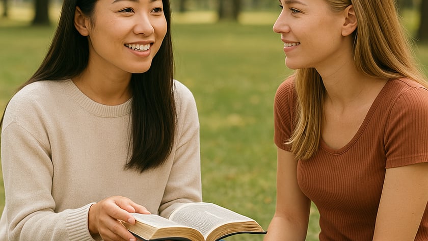 Duas mulheres sentadas na grama de um parque conversam, uma segurando uma Bíblia aberta.
