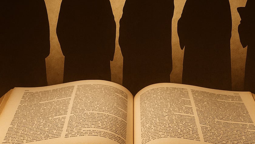 Cinco silhuetas escuras de pessoas em túnicas atrás de um grande livro aberto sobre uma mesa.