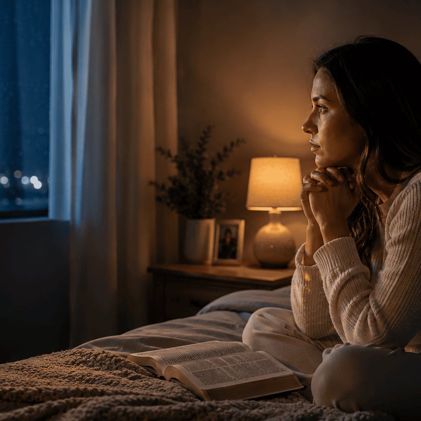 Mulher sentada na cama, de mãos juntas, olha pela janela; há uma Bíblia aberta.