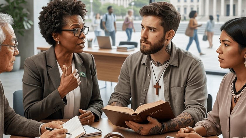 Três pessoas conversam em uma mesa com martelo de juiz, relógio e Bíblia, diante de janela.
