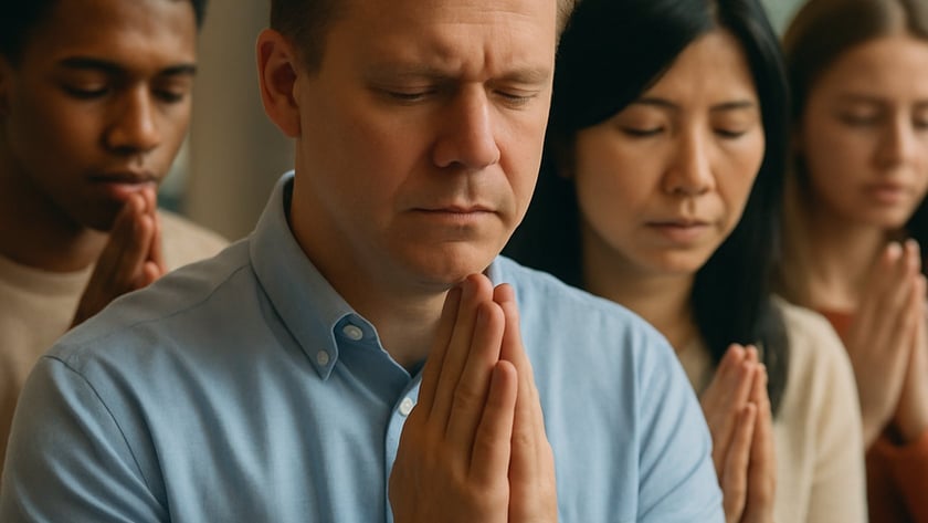 Quatro pessoas de olhos fechados e mãos postas, rezando lado a lado em um ambiente interno.