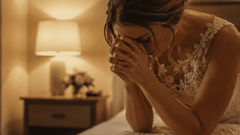 Noiva de vestido branco rendado sentada na cama, com o rosto coberto pelas mãos.