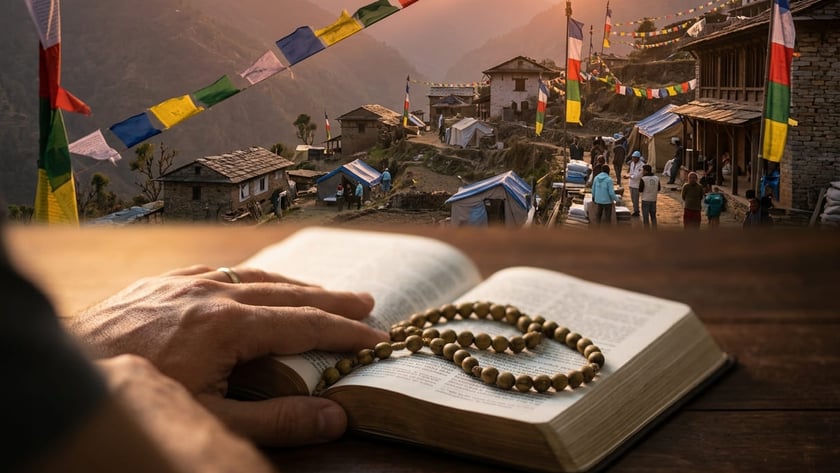 Mão sobre livro aberto com colar de contas, diante de vilarejo montanhoso com bandeirinhas