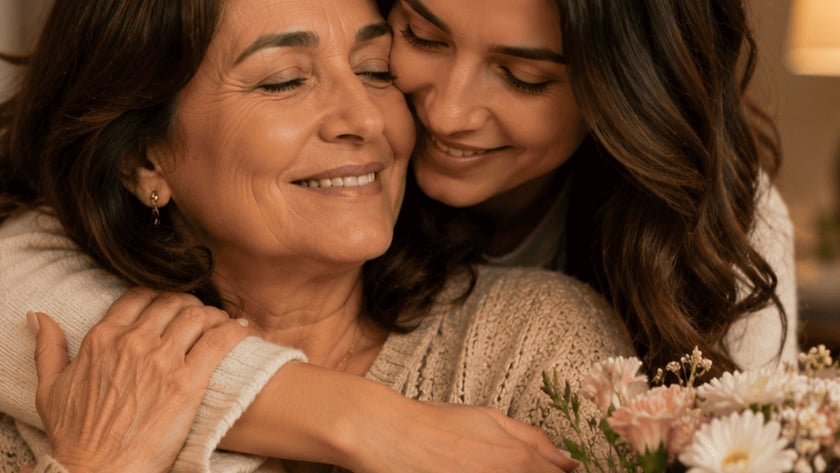 Mulher jovem abraça por trás uma mulher mais velha, com buquê de flores em primeiro plano.