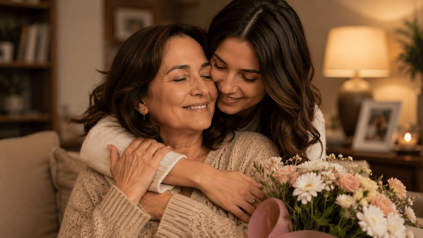 Mulher jovem abraça por trás uma mulher mais velha, com buquê de flores em primeiro plano.