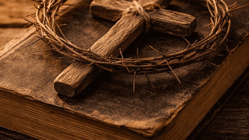 Cruz de madeira e coroa de espinhos sobre um livro antigo de capa de couro.