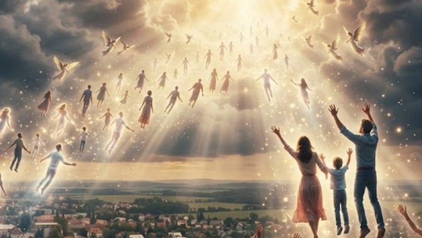 Pessoas flutuam rumo a uma luz entre nuvens escuras, enquanto outras, no chão, erguem os braços.