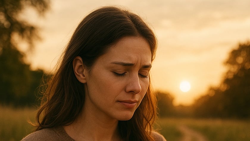 Mulher de cabelo castanho, olhos fechados e mãos unidas junto ao peito, em um campo ao pôr do sol.