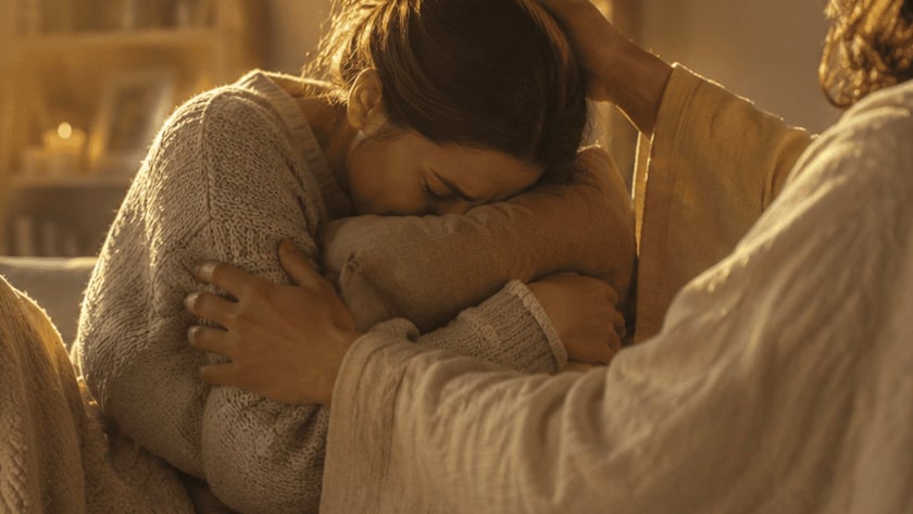 Mulher de coque abraça uma almofada e baixa a cabeça, enquanto um homem de túnica toca sua cabeça.