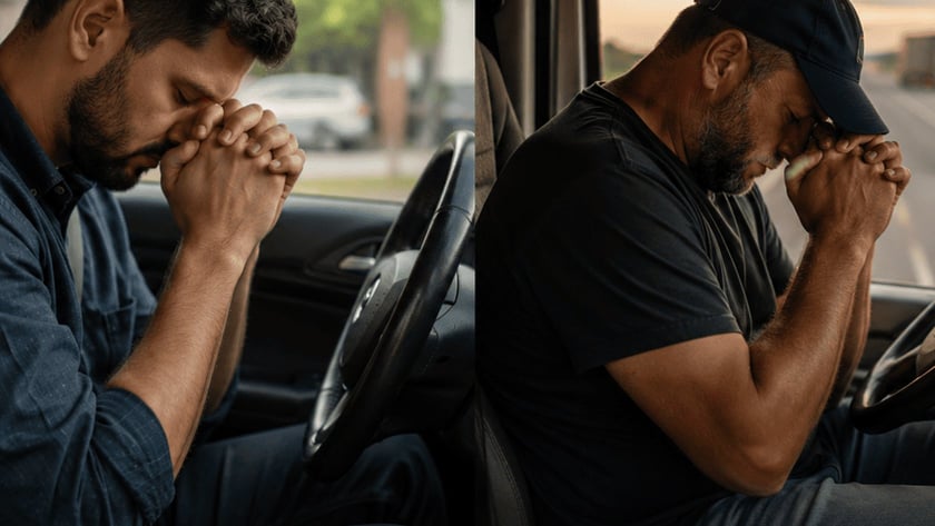 Dois homens com as mãos unidas junto ao rosto, sentados ao volante de um carro e de um caminhão.