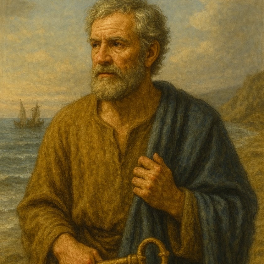 Homem idoso de barba grisalha segura uma grande chave dourada diante do mar e de um barco.