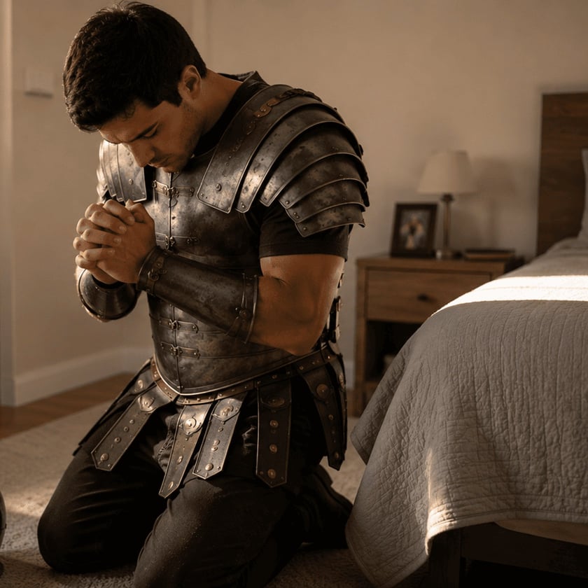 Homem com armadura romana ajoelhado ao lado da cama, de mãos postas, em um quarto.