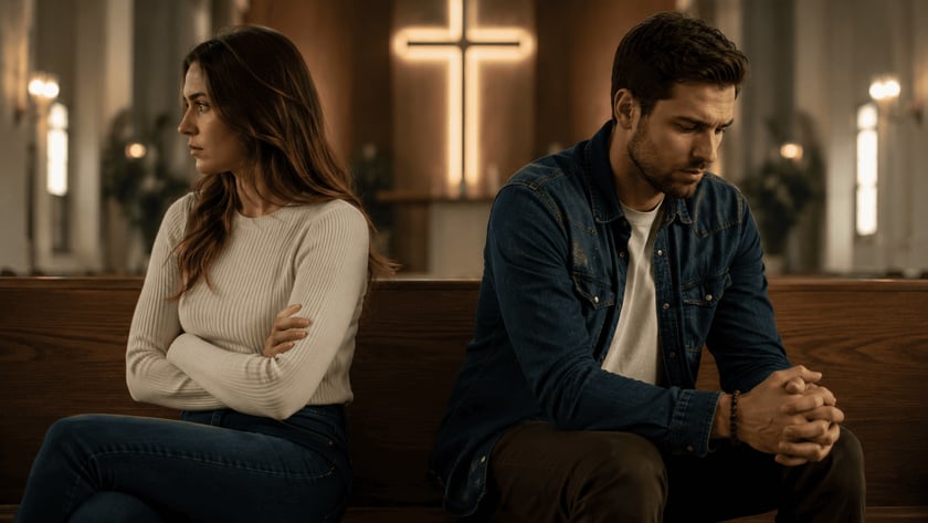 Mulher e homem sentados em um banco de igreja, de braços cruzados, olhando para lados opostos.
