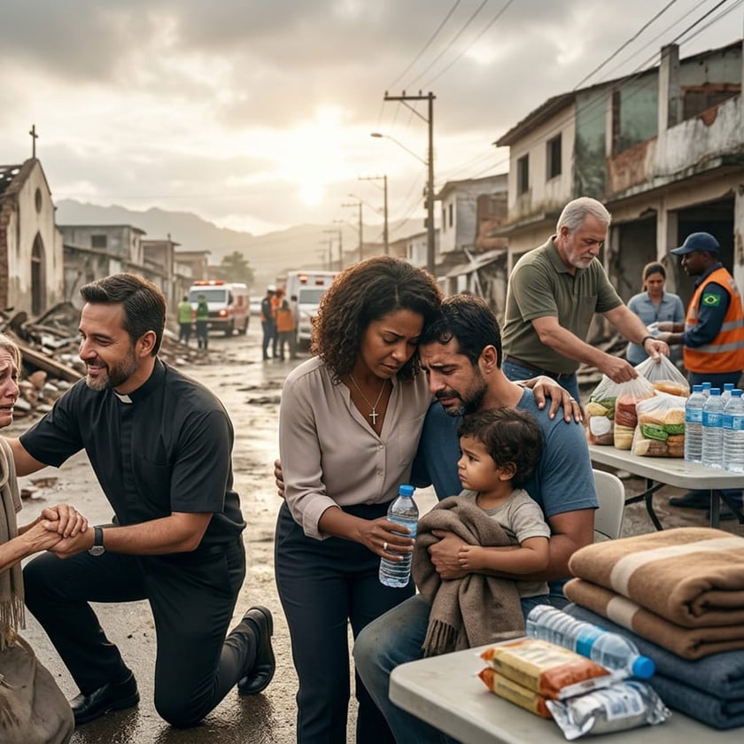 Padre ajoelhado segura as mãos de idosa; casal abraça menino em rua destruída com doações.