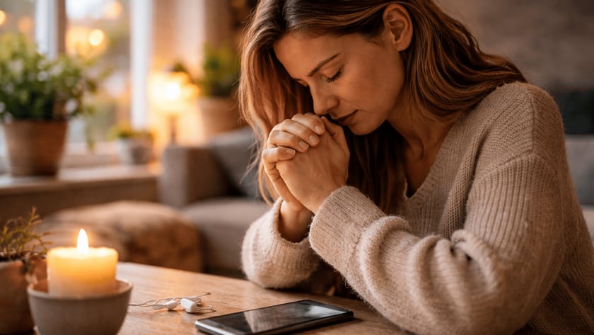 Mulher de olhos fechados e mãos unidas, sentada à mesa com vela e celular.
