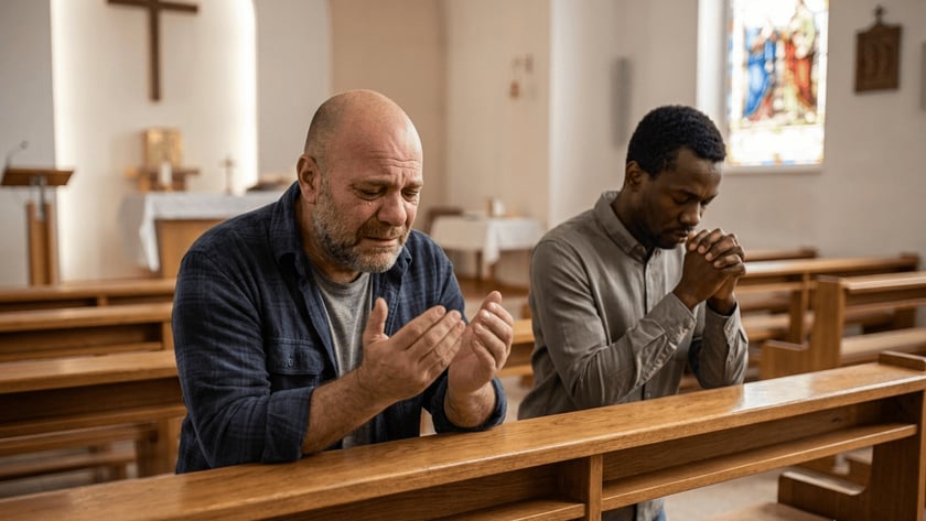 Dois homens ajoelhados rezando em bancos de madeira dentro de uma igreja.