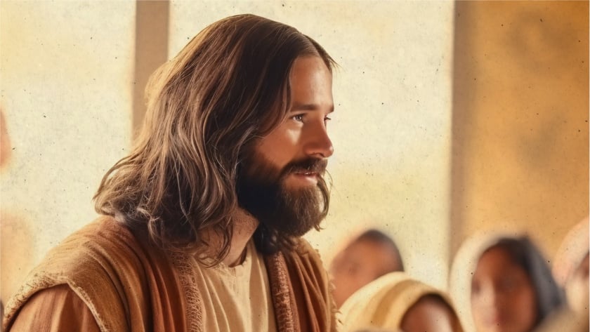 Homem de cabelo longo e barba, com túnica marrom, em meio a pessoas com mantos na cabeça.