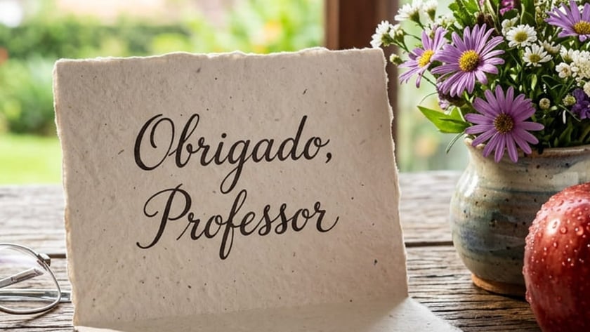 Cartão ao lado de vaso com flores e maçã: "Obrigado, Professor"