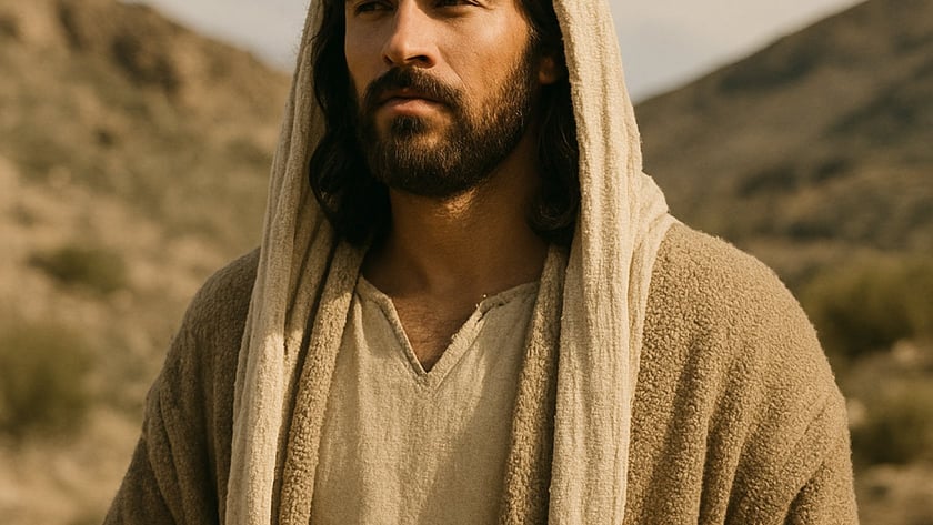 Homem de barba e cabelo longo, com capuz claro e manto bege, em paisagem montanhosa.