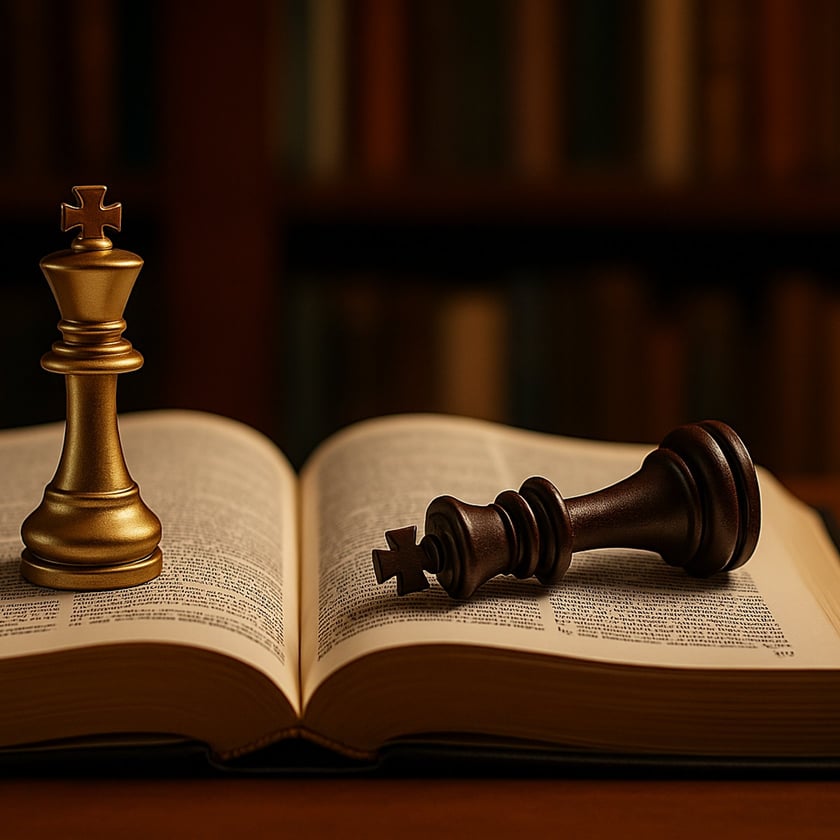 Rei de xadrez dourado em pé e rei marrom caído sobre um livro aberto.