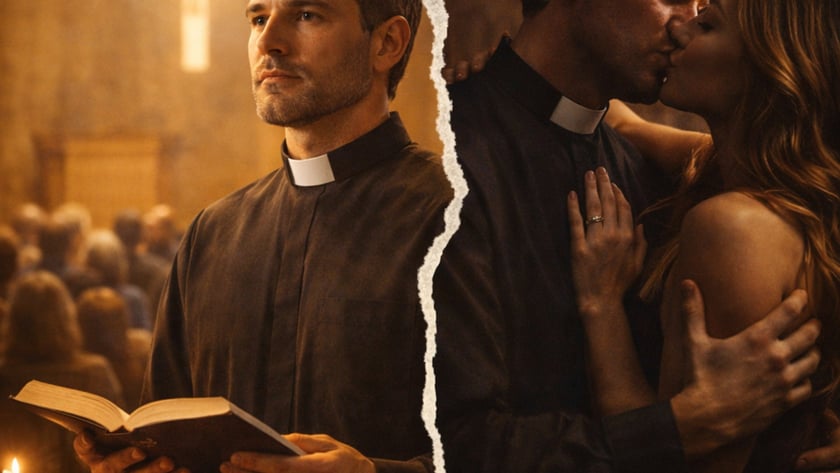 Padre segura um livro diante de fiéis; ao lado, beija uma mulher.
