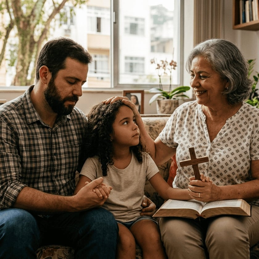 Homem, menina e idosa sentados no sofá, rezando juntos com uma cruz e uma Bíblia.