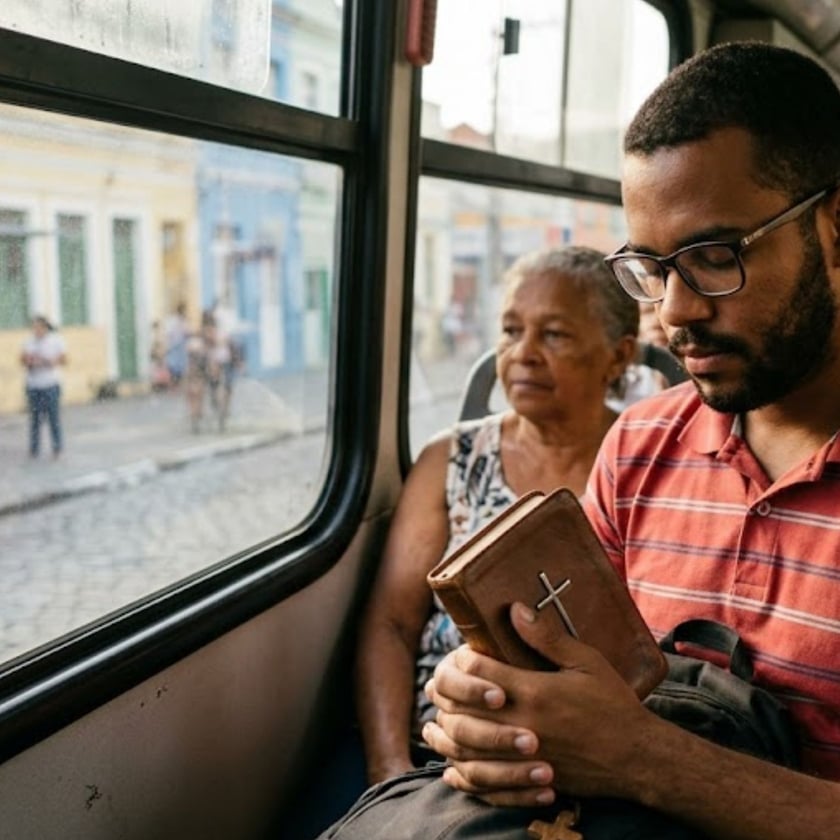 Homem de óculos segura uma Bíblia com cruz dentro de um ônibus, ao lado de uma senhora.