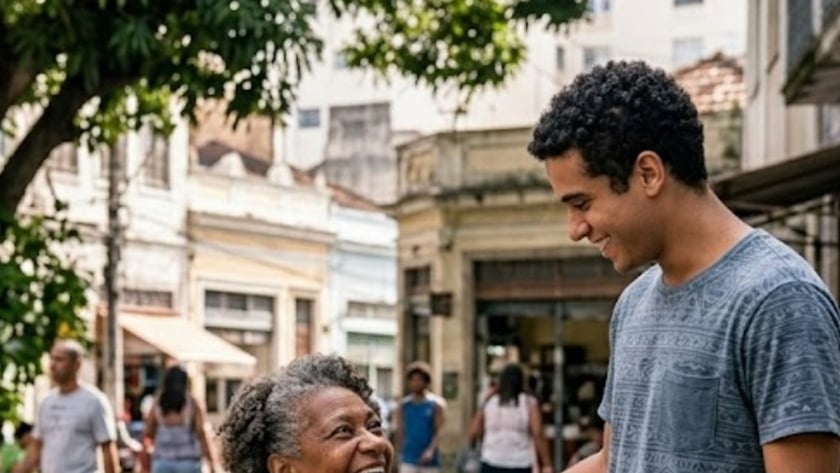 Idosa sorri à mesa de café numa praça enquanto jovem toca seu ombro.