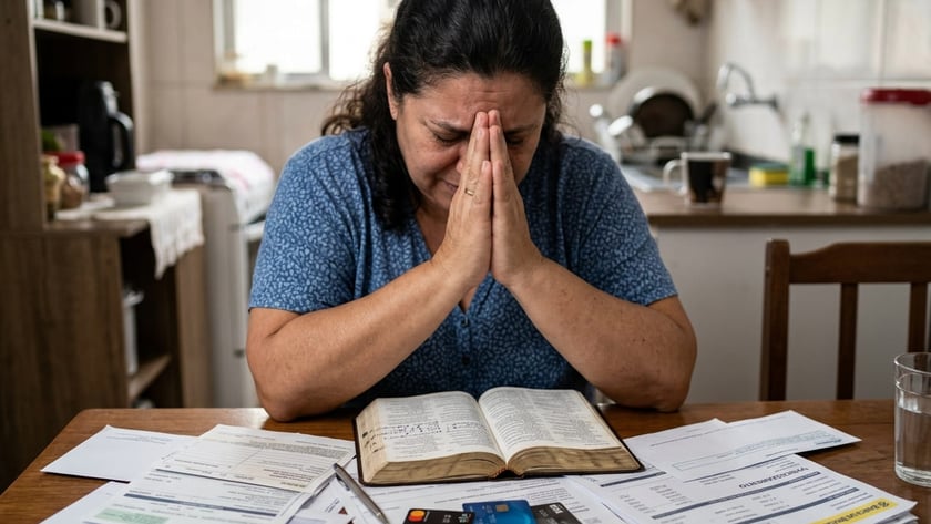 Mulher de mãos juntas diante do rosto, à mesa com contas, cartões e uma Bíblia aberta.