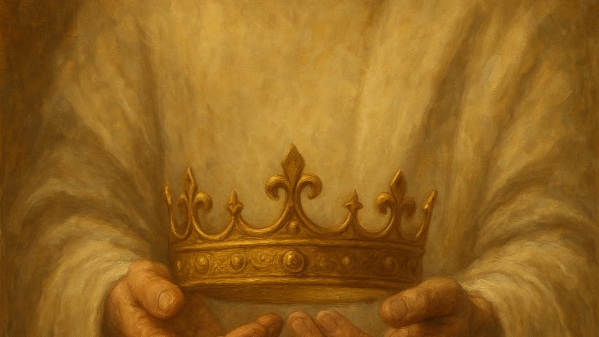 Mãos abertas de uma figura de túnica clara seguram uma coroa dourada.